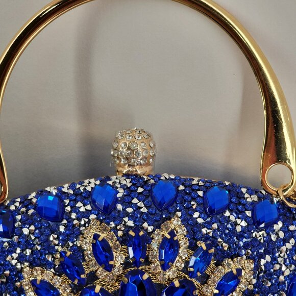 Blue Crystal Embellished Evening Clutch Bag Gold Handle & Chain Strap By RAMLA! - Picture 2 of 11